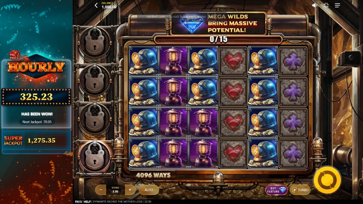 Dynamite Riches The Mother Lode slot game interface showing mining theme and gold symbols