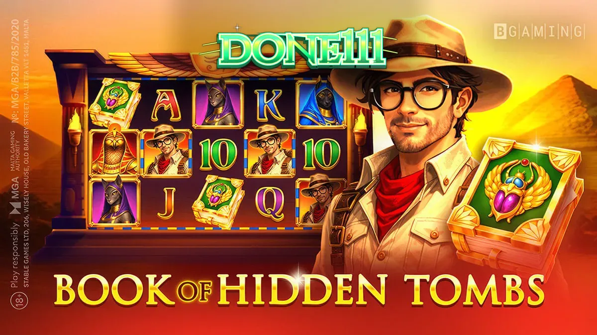 Book of Hidden Tombs سلاٹ کا ایک منظر جس میں قدیم مصری دیوتا اور مہم جو نظر آ رہے ہیں۔